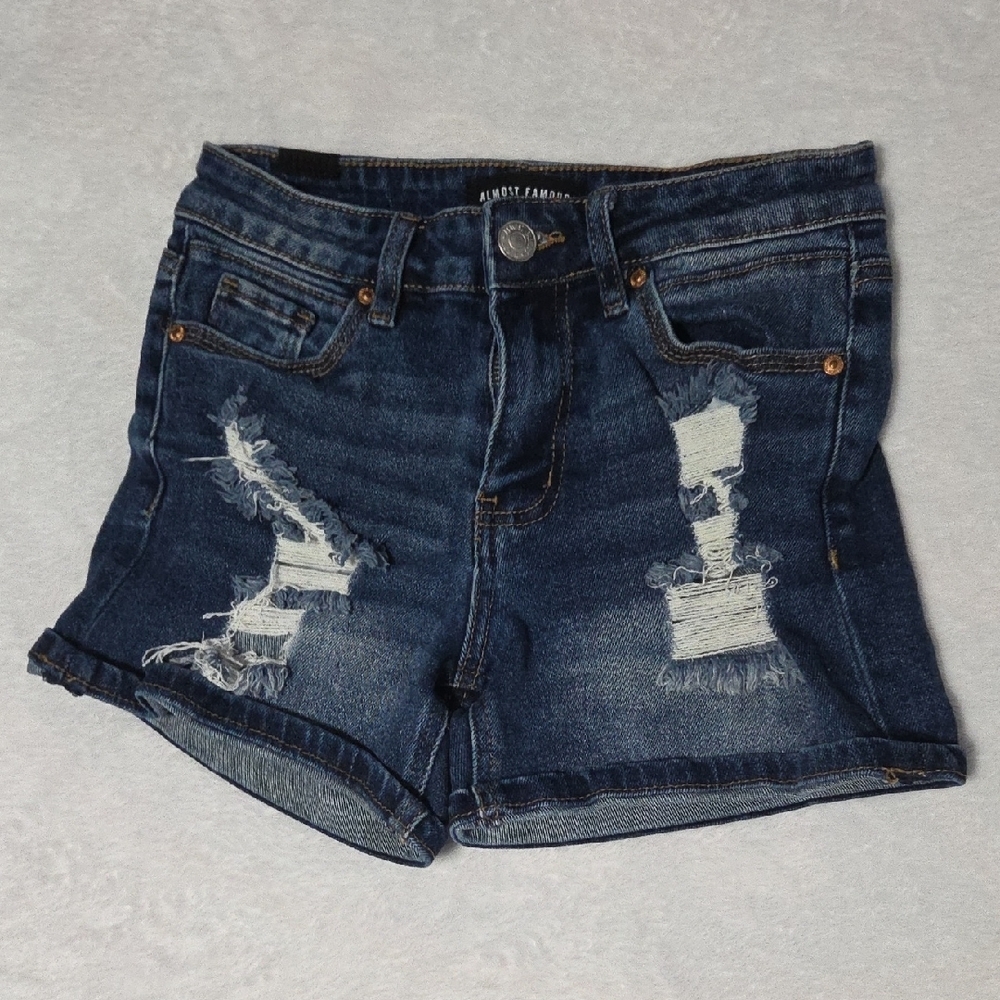 Almost Famous Women's Ripped Dark Blue Jean Shorts